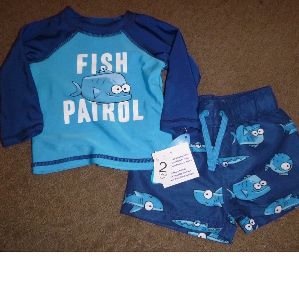Baby Boys Wave Zone RASHGUARD Shirt & Trunks Size 0/3 3/6 Mo NWT Fish Patrol